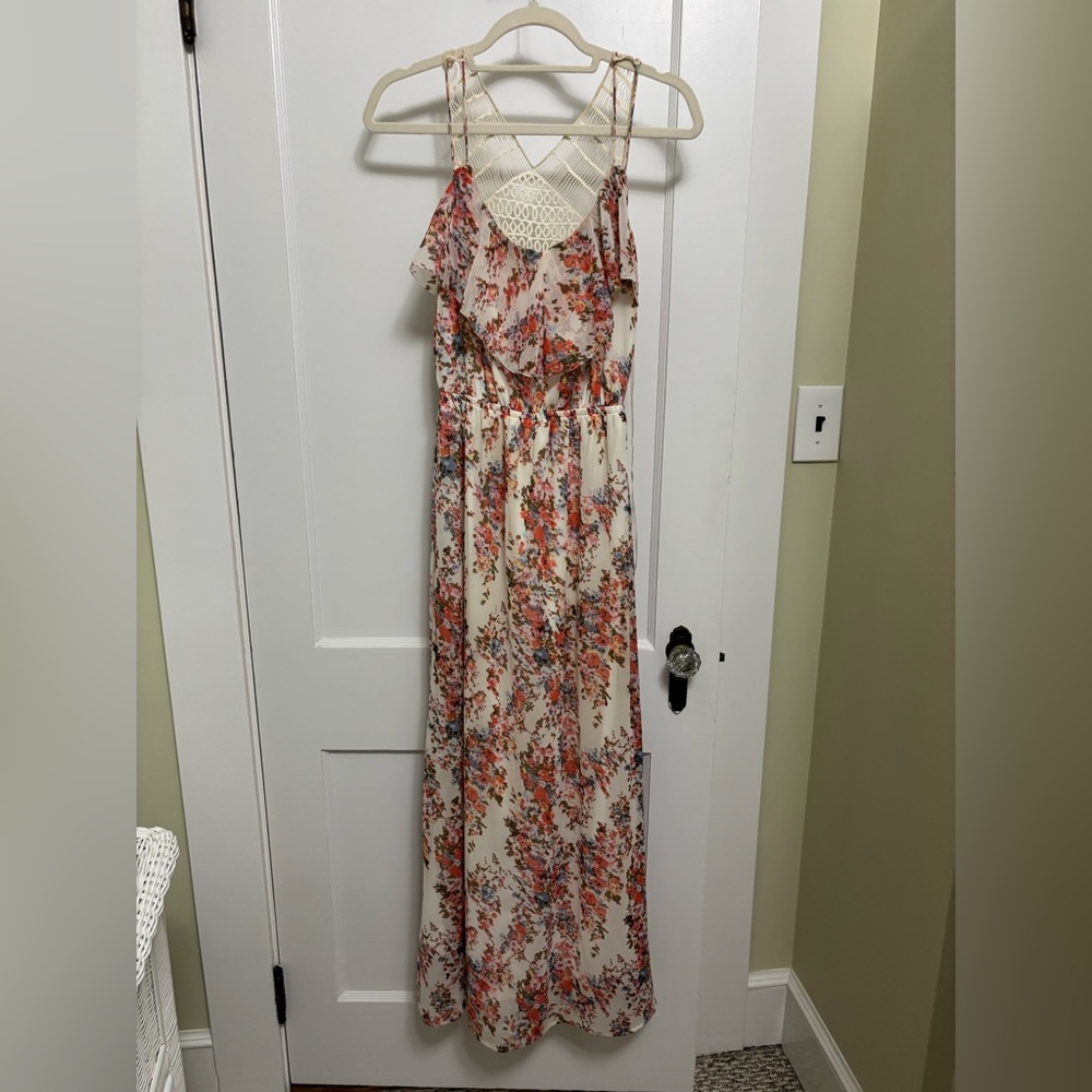 Dynamite Cream Floral Maxi Dress with Crochet Accent